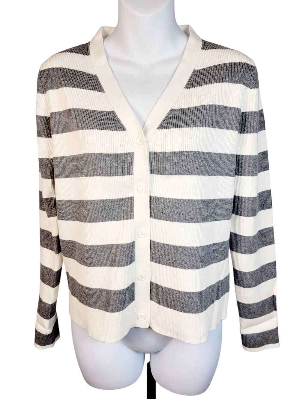 2/$20 Y2K White & Grey Stripe Buttons Down Cardigan Sweater Size: M